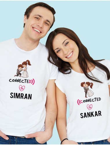 Connected to with Names On White Color Customized Couple T-Shirt