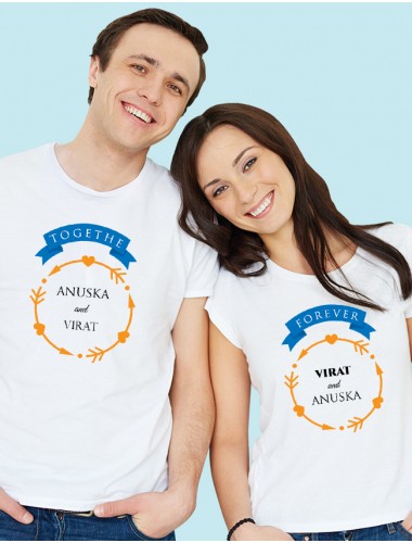 Yellow Love Arrows Forever and Together with Names On White Color Personalized Couple Tshirt