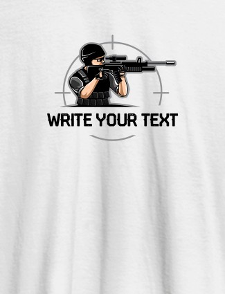 Sniper with Your Text  On White Color Customized Mens T-Shirt