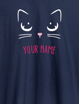 Cat Art Design Personalised Womens T Shirt With Name Navy Blue Color