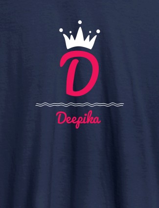 Queen with Initial and Name On Navy Blue Color T-shirts For Women with Name, Text and Photo