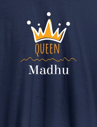 Queen Crown with Name On Navy Blue Color Women T Shirts with Name, Text, and Photo