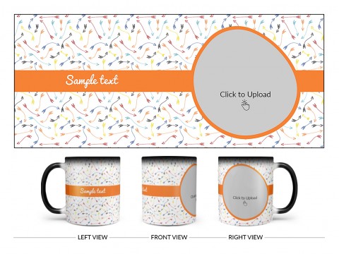 Multiple Arrows Pattern Background With Oval Shape Pic Upload Design On Magic Black Mug