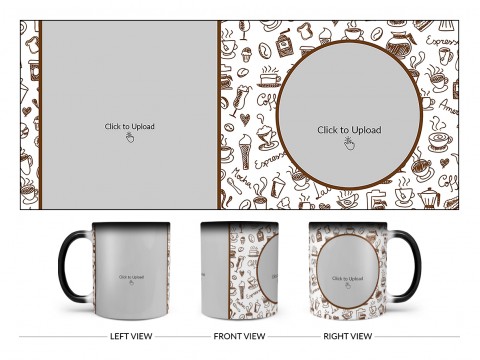 Coffee Mugs, Ice Creams, Coffee Jug & Etc. Pattern Background Design On Magic Black Mug