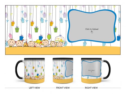 Multiple Kids Behind The Wall And Gifts Pattern Background Design On Magic Black Mug