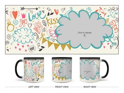 Love, Ring, Kiss, Me & Etc. Pattern Background With Flower Shape Pic Upload Design On Magic Black Mug