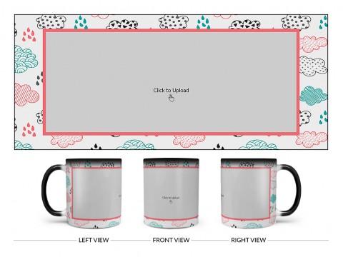 Clouds And Rain Drops Background With Large Single Pic Upload Design On Magic Black Mug
