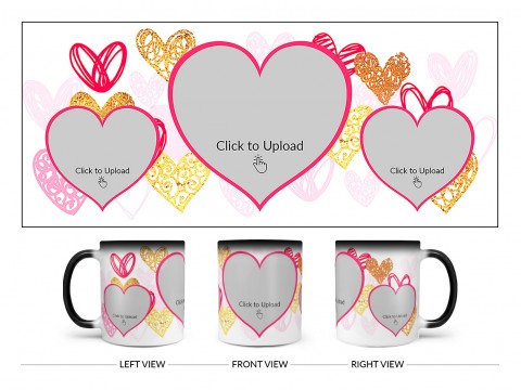 3 Heart Symbols Pic Upload With Golden Love Symbols Background Design On Magic Black Mug