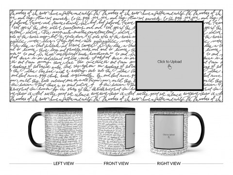 Cursive Writing Background With Square Pic Upload Design On Magic Black Mug