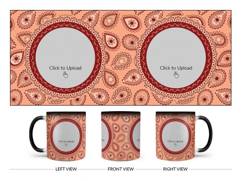 Pattern Background With Two Oval Shaped Pic Upload Design On Magic Black Mug