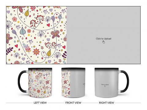 Multiple Trees, Flower & Butterfly’s Pattern Background Design On Magic Black Mug