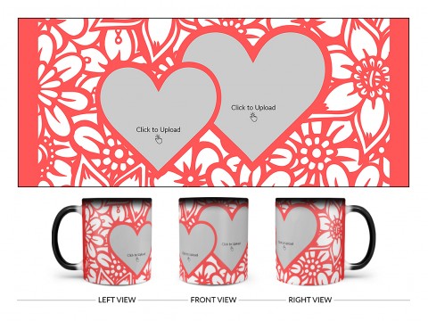 Flower Pattern Background With 2 Love Symbol Pic Upload Design On Magic Black Mug