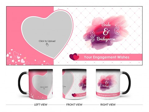Bride & Bridegroom With Love Shape Pic Upload Design On Magic Black Mug