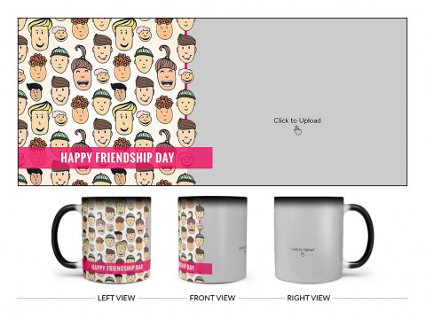 Happy Friendship Day With Friends Cartoon Heads Design On Magic Black Mug