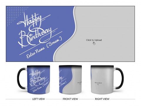 Blue Wave Design With Happy Birthday Text Design On Magic Black Mug