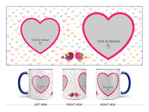 Love Symbol Pattern Background With 2 Heart Shape Pic Upload Upload Design On Dual Tone Blue Mug