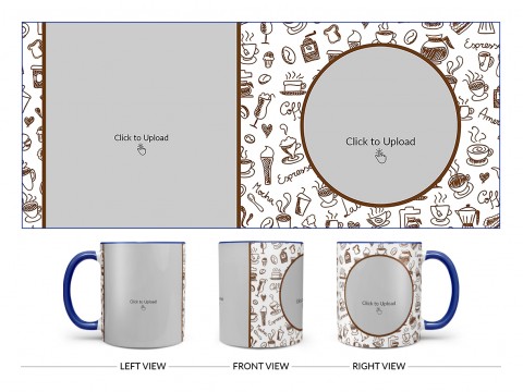 Coffee Mugs, Ice Creams, Coffee Jug & Etc. Pattern Background Design On Dual Tone Blue Mug
