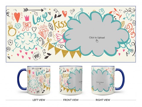 Love, Ring, Kiss, Me & Etc. Pattern Background With Flower Shape Pic Upload Design On Dual Tone Blue Mug