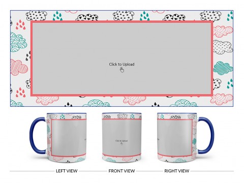 Clouds And Rain Drops Background With Large Single Pic Upload Design On Dual Tone Blue Mug