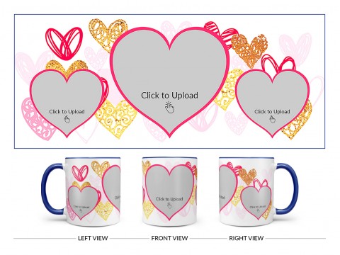 3 Heart Symbols Pic Upload With Golden Love Symbols Background Design On Dual Tone Blue Mug