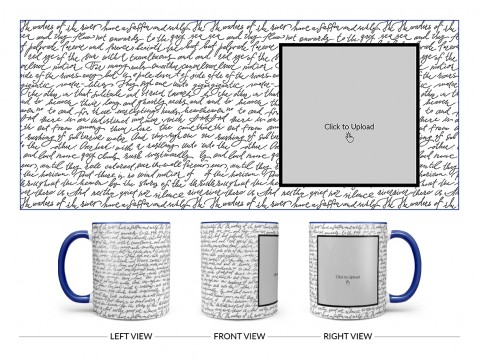 Cursive Writing Background With Square Pic Upload Design On Dual Tone Blue Mug