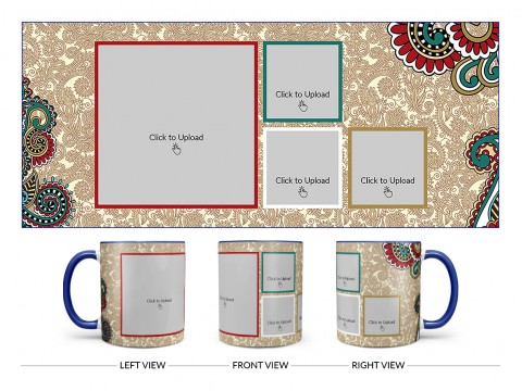 Traditional Background With 4 Pic Upload Design On Dual Tone Blue Mug
