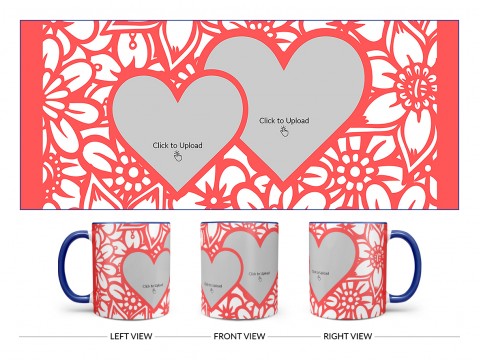Flower Pattern Background With 2 Love Symbol Pic Upload Design On Dual Tone Blue Mug