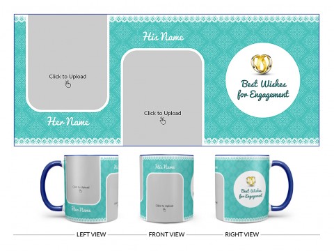 Best Wishes For Engagement With Couple Pic Upload Design On Dual Tone Blue Mug