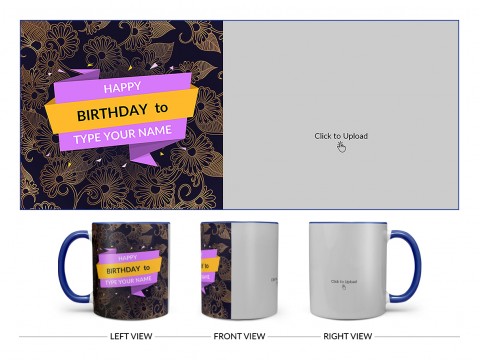 Happy Birthday With Gold Floral Background Design On Dual Tone Blue Mug
