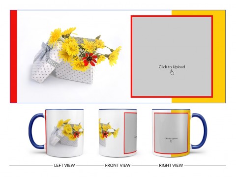 Yellow Color Flowers in Basket Design On Dual Tone Blue Mug