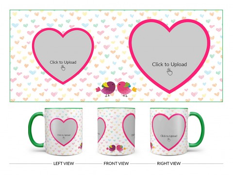 Love Symbol Pattern Background With 2 Heart Shape Pic Upload Upload Design On Dual Tone Green Mug