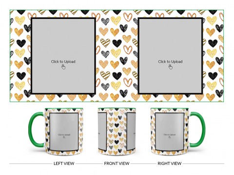 Love Symbols Pattern Background With Couple Of Pic Upload Upload Design On Dual Tone Green Mug