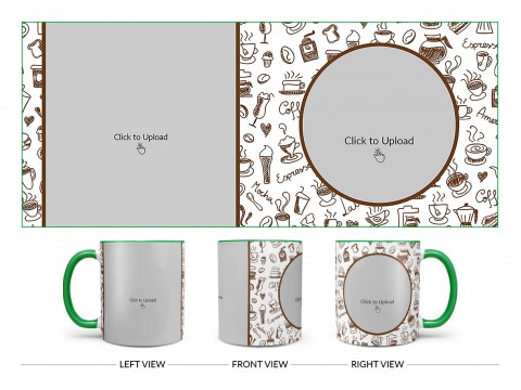 Coffee Mugs, Ice Creams, Coffee Jug & Etc. Pattern Background Design On Dual Tone Green Mug