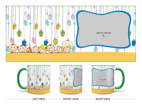 Multiple Kids Behind The Wall And Gifts Pattern Background Design On Dual Tone Green Mug