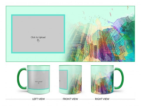 Artistic Building Painting Background Design On Dual Tone Green Mug