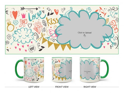 Love, Ring, Kiss, Me & Etc. Pattern Background With Flower Shape Pic Upload Design On Dual Tone Green Mug