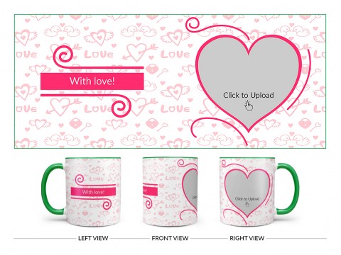 Love Pattern Background With Pink Heart Design On Dual Tone Green Mug