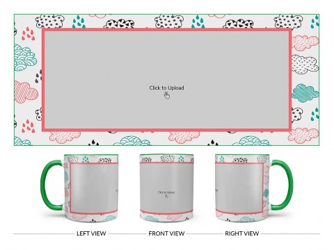 Clouds And Rain Drops Background With Large Single Pic Upload Design On Dual Tone Green Mug