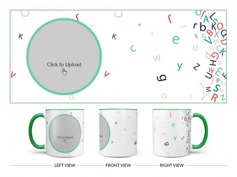 Flying Alphabets With White Background Design On Dual Tone Green Mug