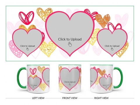 3 Heart Symbols Pic Upload With Golden Love Symbols Background Design On Dual Tone Green Mug