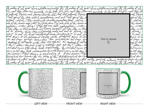 Cursive Writing Background With Square Pic Upload Design On Dual Tone Green Mug