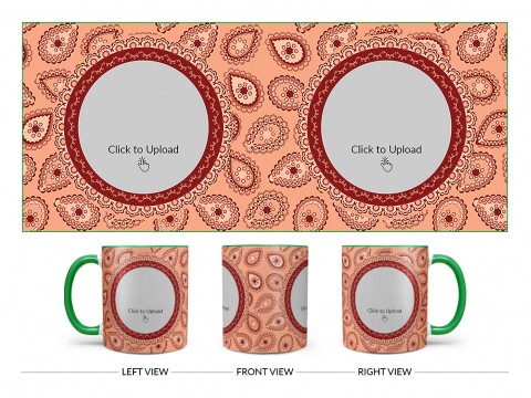 Pattern Background With Two Oval Shaped Pic Upload Design On Dual Tone Green Mug