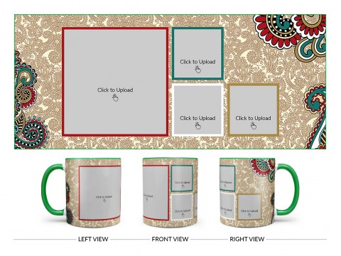 Traditional Background With 4 Pic Upload Design On Dual Tone Green Mug