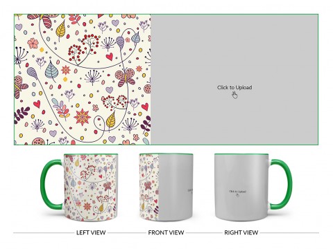 Multiple Trees, Flower & Butterfly’s Pattern Background Design On Dual Tone Green Mug