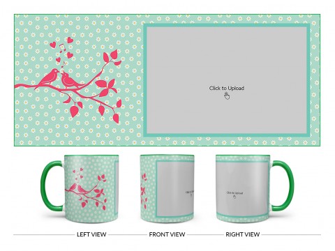 Love Birds Singing On Tree Branch With Sunflower Pattern Background Design On Dual Tone Green Mug