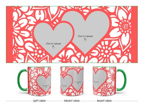 Flower Pattern Background With 2 Love Symbol Pic Upload Design On Dual Tone Green Mug