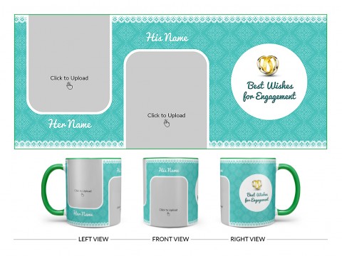 Best Wishes For Engagement With Couple Pic Upload Design On Dual Tone Green Mug