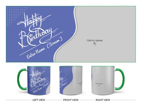 Blue Wave Design With Happy Birthday Text Design On Dual Tone Green Mug