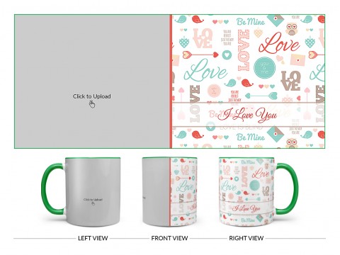 Love, You & Me, Birds Pattern Background Design On Dual Tone Green Mug