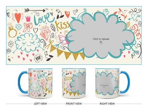 Love, Ring, Kiss, Me & Etc. Pattern Background With Flower Shape Pic Upload Design On Dual Tone Sky Blue Mug